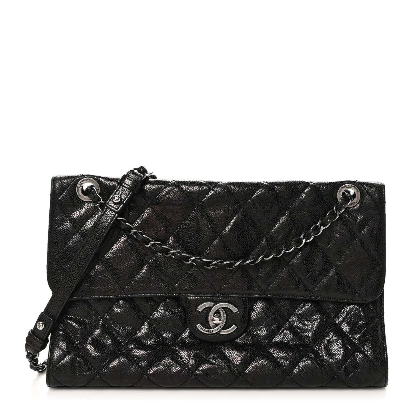 Crumpled Grained Calfskin Jumbo CC Crave Flap Black