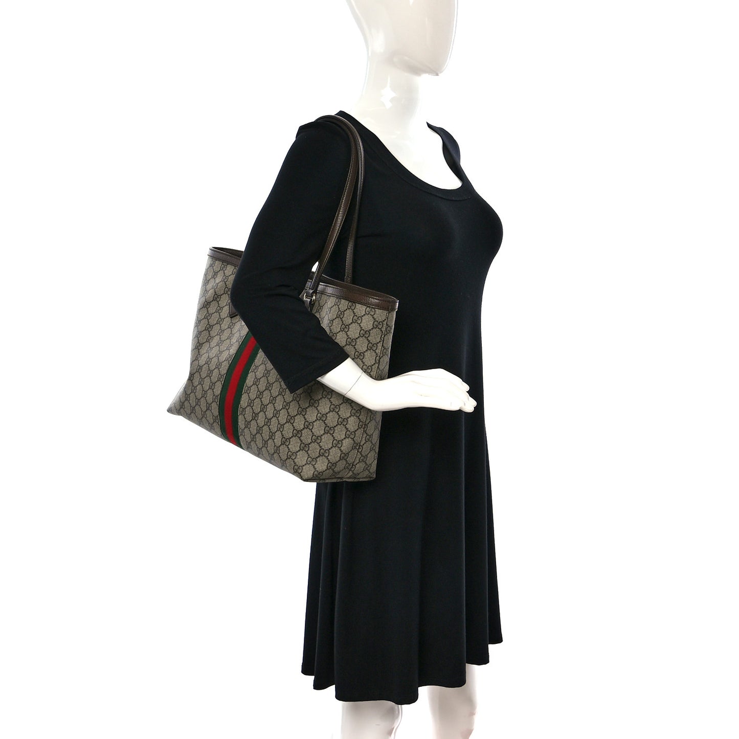 GG Supreme Monogram Textured Calfskin Web Medium Ophidia Shopping Tote Beige Ebony New Acero