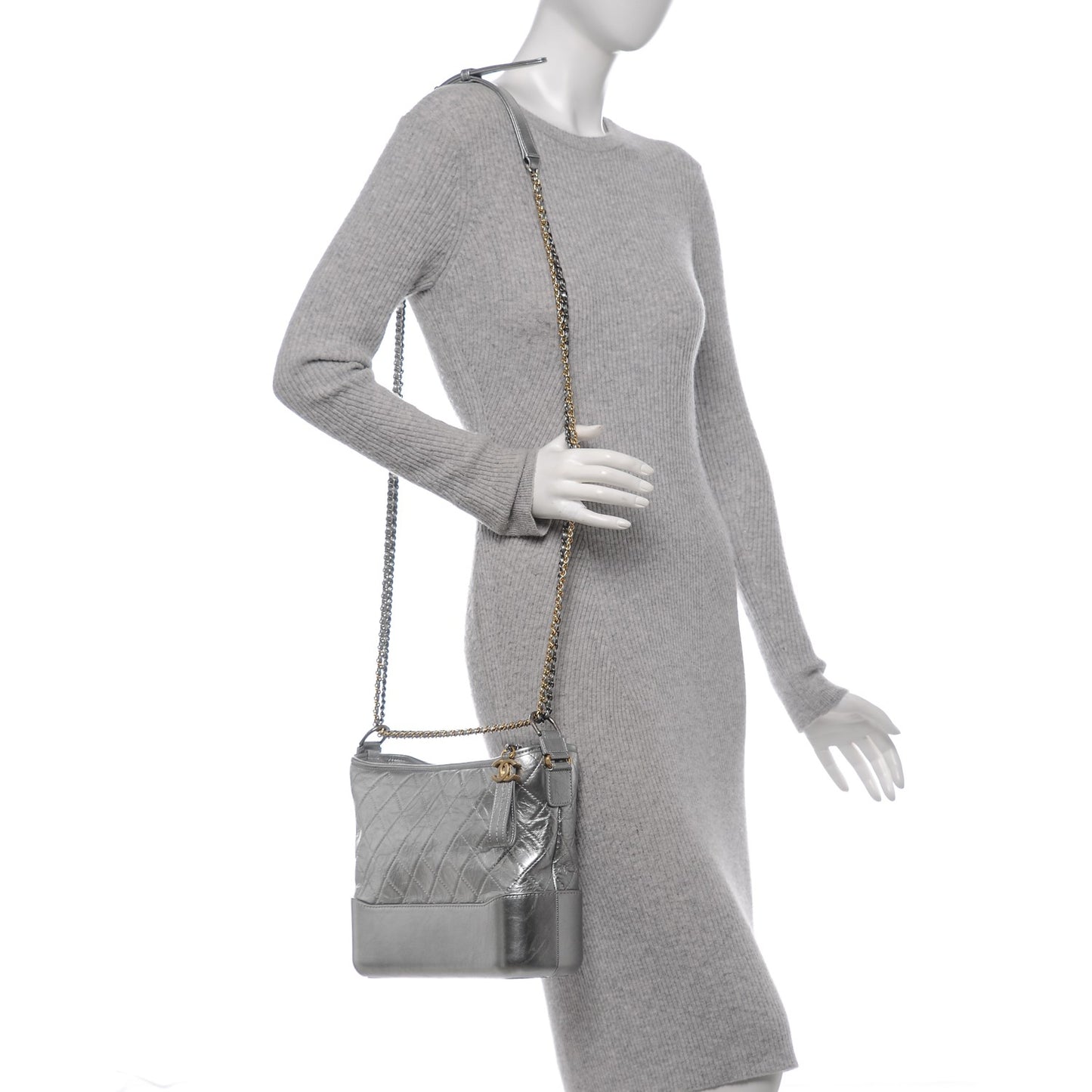 Metallic Aged Calfskin Quilted Medium Gabrielle Silver