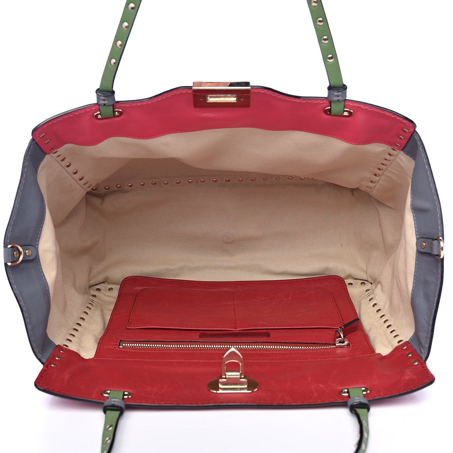 Vitello Colorblock Medium Rockstud Tote Deep Rose Clover Grey Scarlet