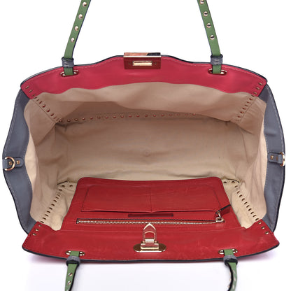 Valentino Garavani Vitello Colorblock Medium Rockstud Tote Deep Rose Clover Grey Scarlet 5 of 20