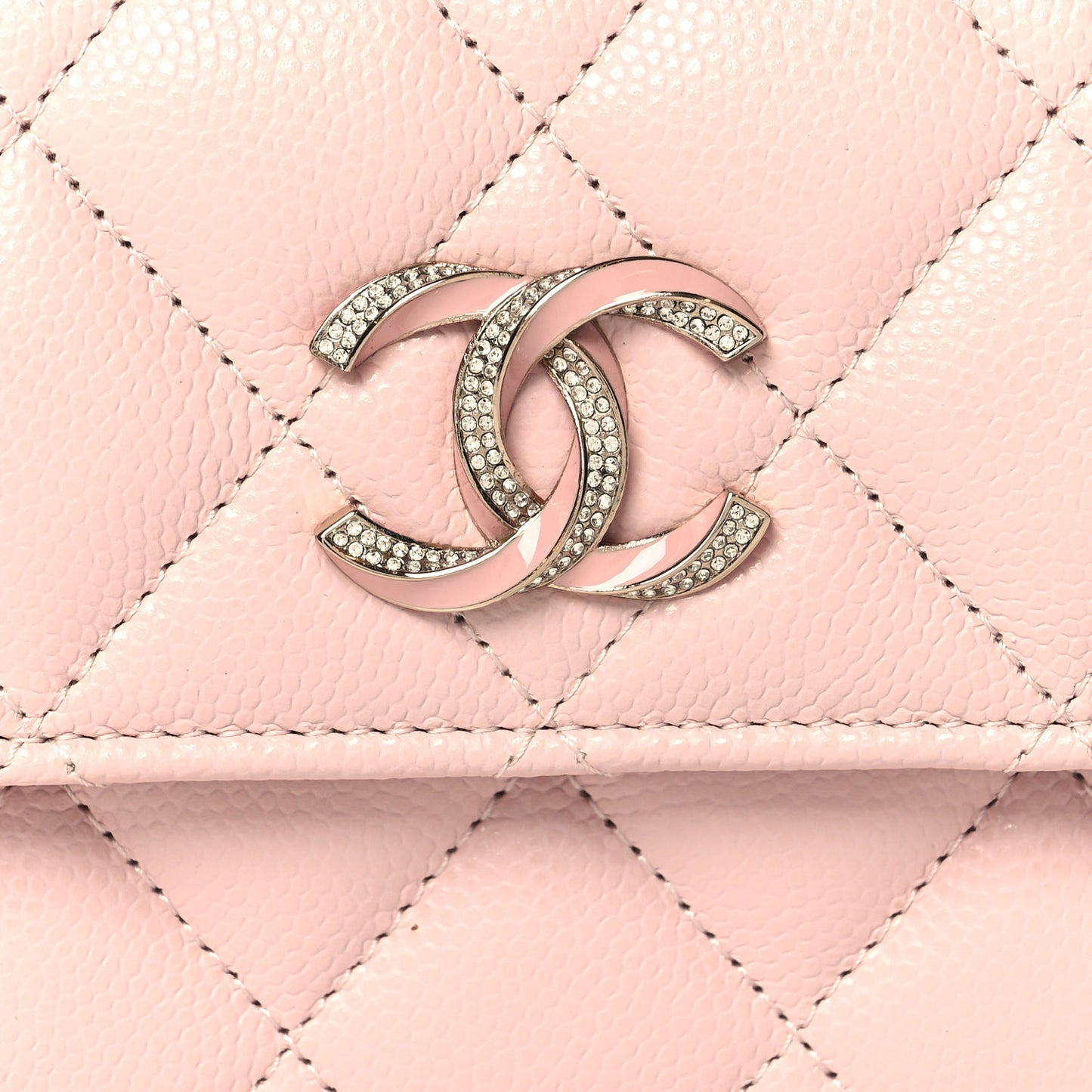 Caviar Quilted Crystal Enamel Flap Card Holder Pink