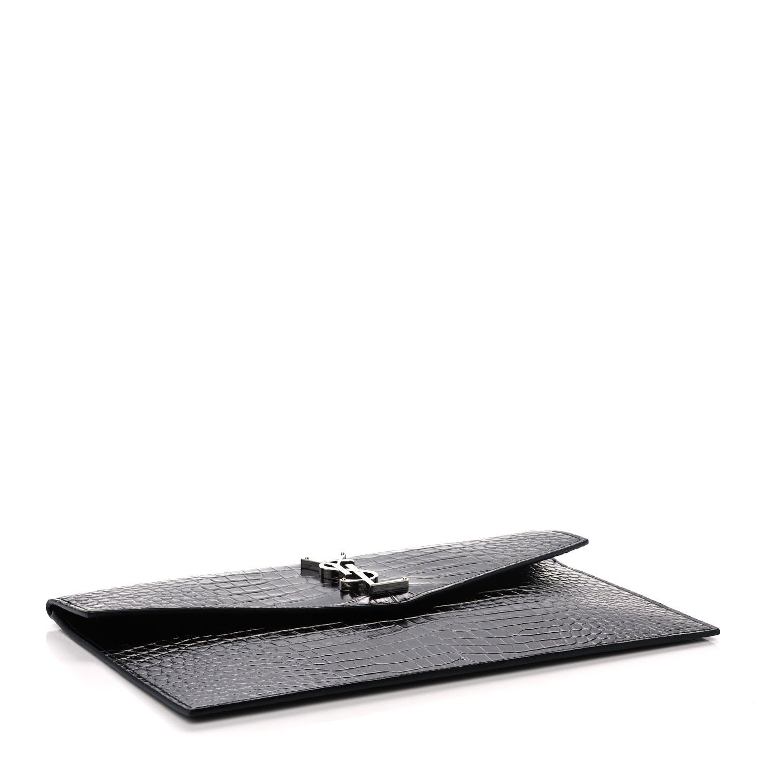 Saint Laurent Calfskin Crocodile Embossed Uptown Monogram Clutch Black 4 of 7