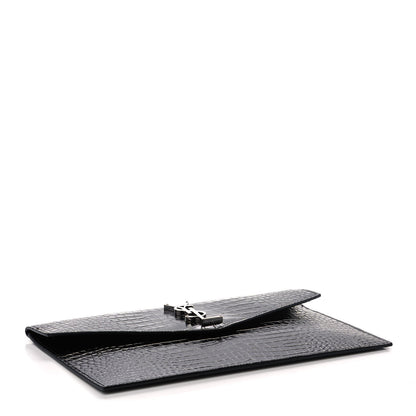 Saint Laurent Calfskin Crocodile Embossed Uptown Monogram Clutch Black 4 of 7