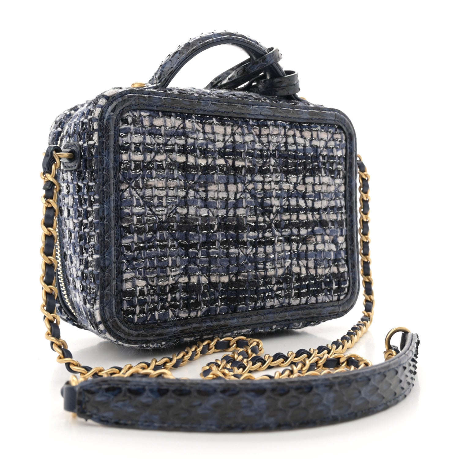 Chanel Tweed Snakeskin Quilted Small CC Filigree Vanity Case Dark Navy 3 of 11