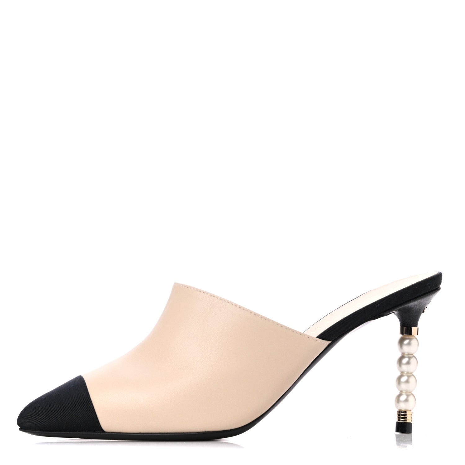 Chanel Lambskin Grosgrain Cap Toe Pearl Mule 35.5 Beige Black 1 of 9