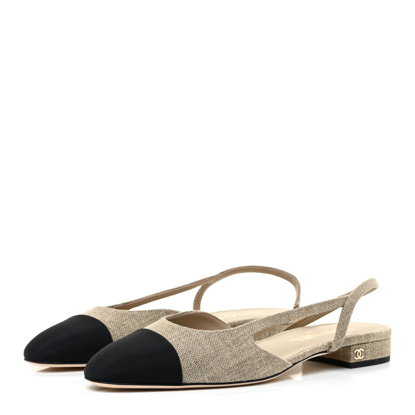 Fabric Grosgrain Cap Toe CC Slingback Flats 40 Light Beige Black