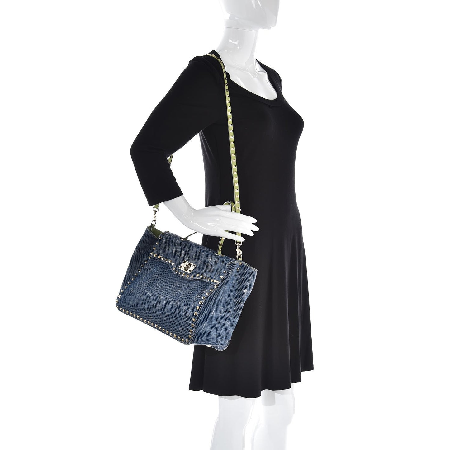 Denim Rockstud Single Handle Flap Tote Blue