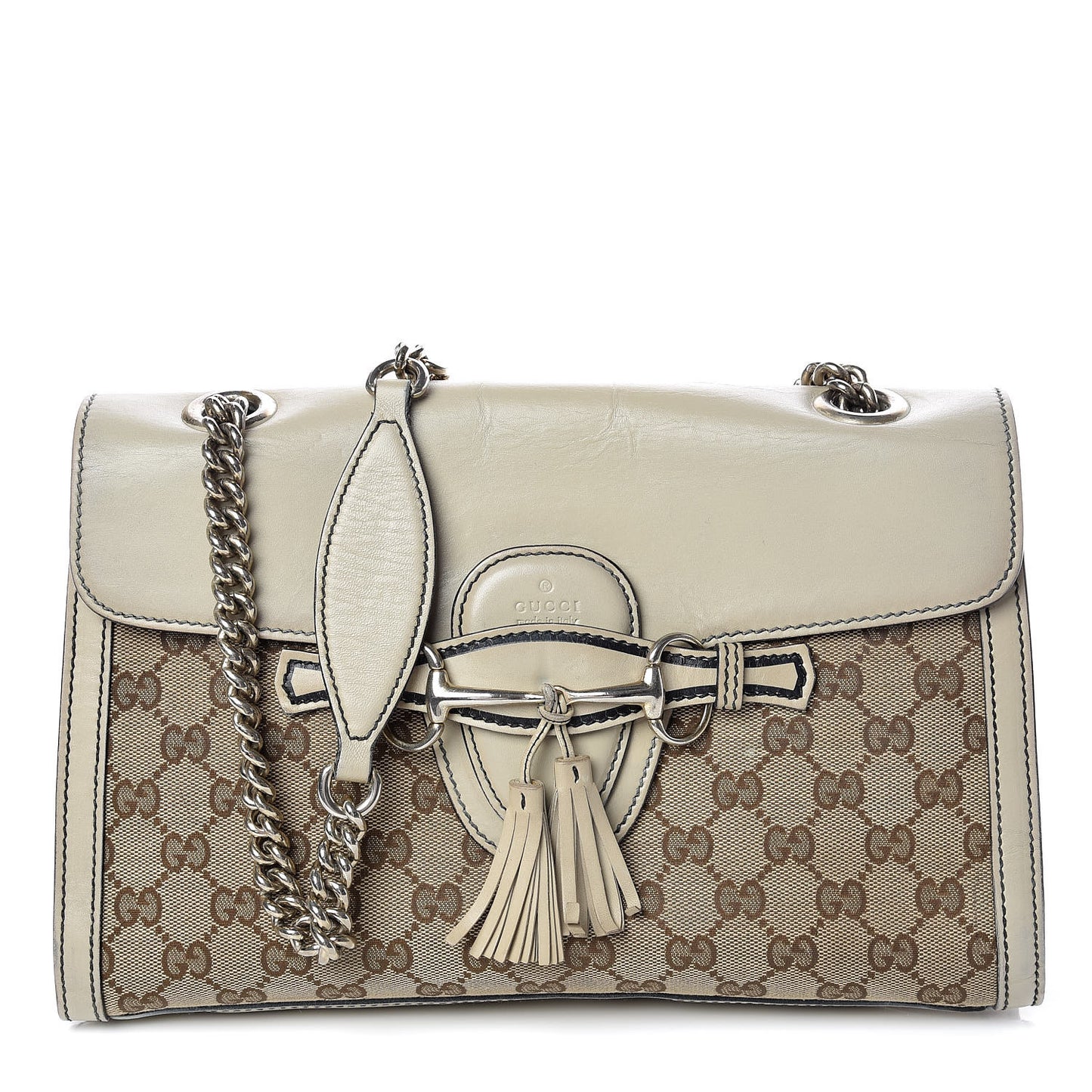 Monogram Margaux Calfskin Medium Emily Chain Shoulder Bag Beige Ebony Mystic White
