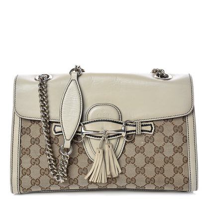 Gucci Monogram Margaux Calfskin Medium Emily Chain Shoulder Bag Beige Ebony Mystic White 1 of 17