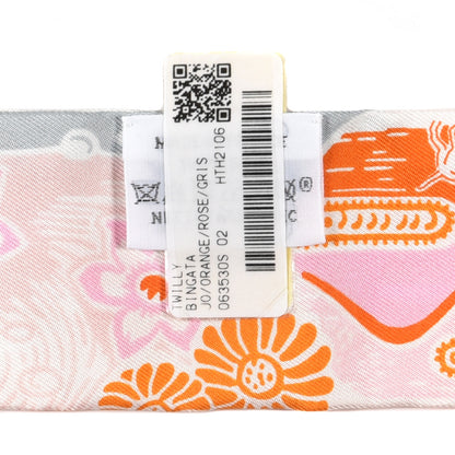 Hermes Silk Bingata Twilly Orange Rose Gris 4 of 4