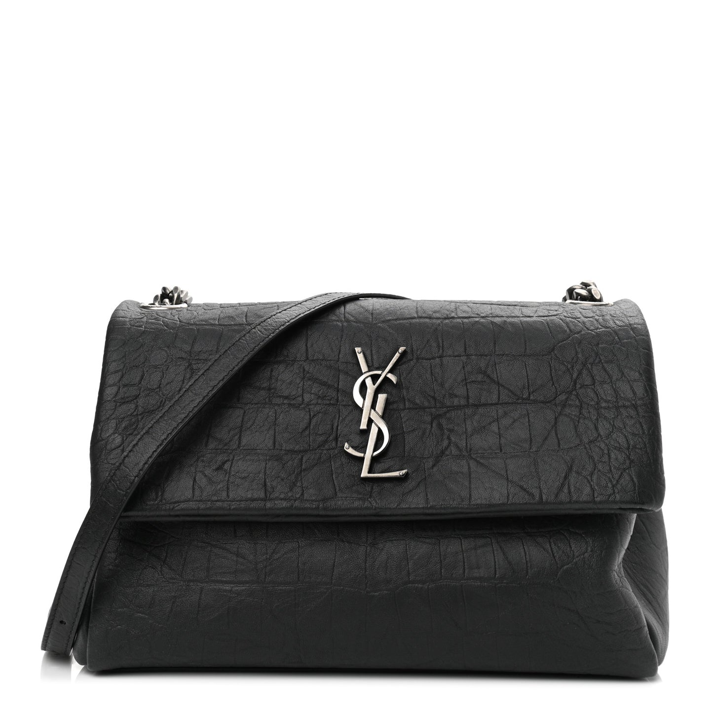 Calfskin Crocodile Embossed Medium West Hollywood Monogram Fold-Over Grey
