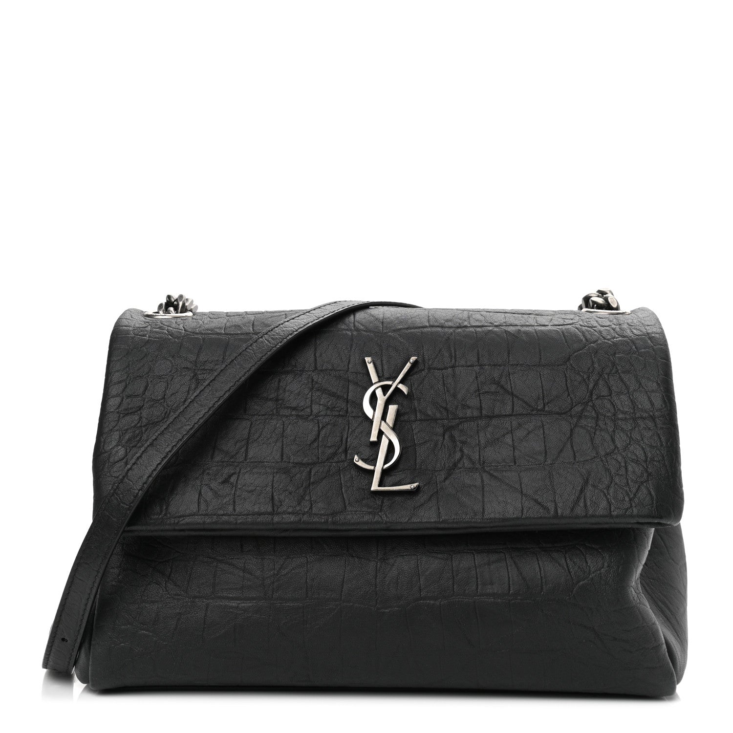 Saint Laurent Calfskin Crocodile Embossed Medium West Hollywood Monogram Fold-Over Grey 1 of 10