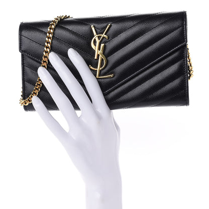 Saint Laurent Grain De Poudre Matelasse Chevron Small Monogram Chain Wallet Black 2 of 11