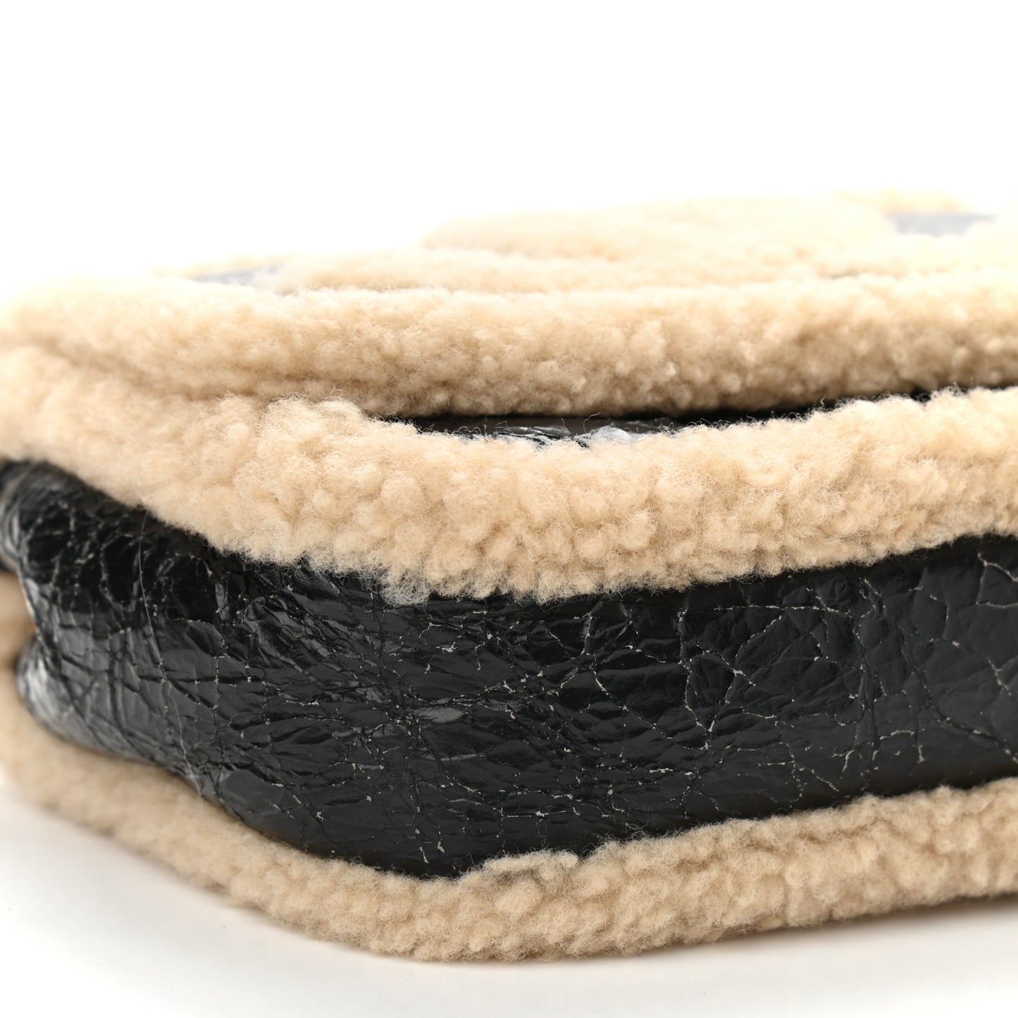 Shiny Crumpled Sheepskin Shearling CC Mania Flap Bag Black Beige