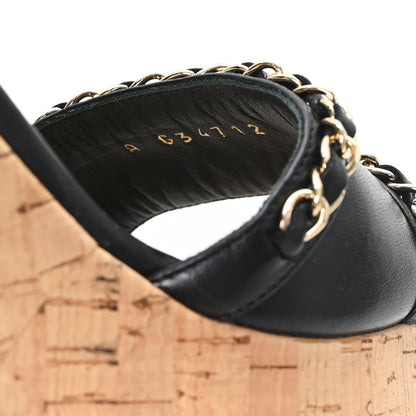Chanel Lambskin Quilted Chain Cork Wedge Sandals Black 36 Black 9 of 10