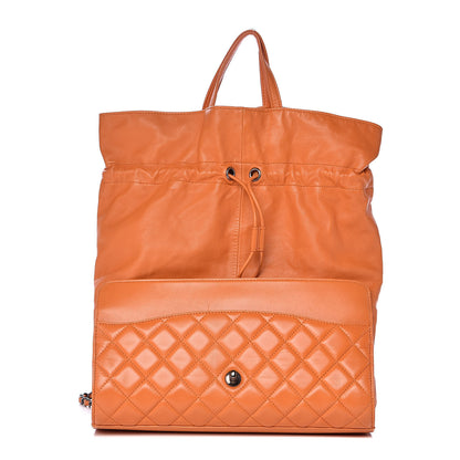 Chanel Lambskin Quilted Jumbo Grocery By Drawstring Shopping Bag Orange 8 of 14