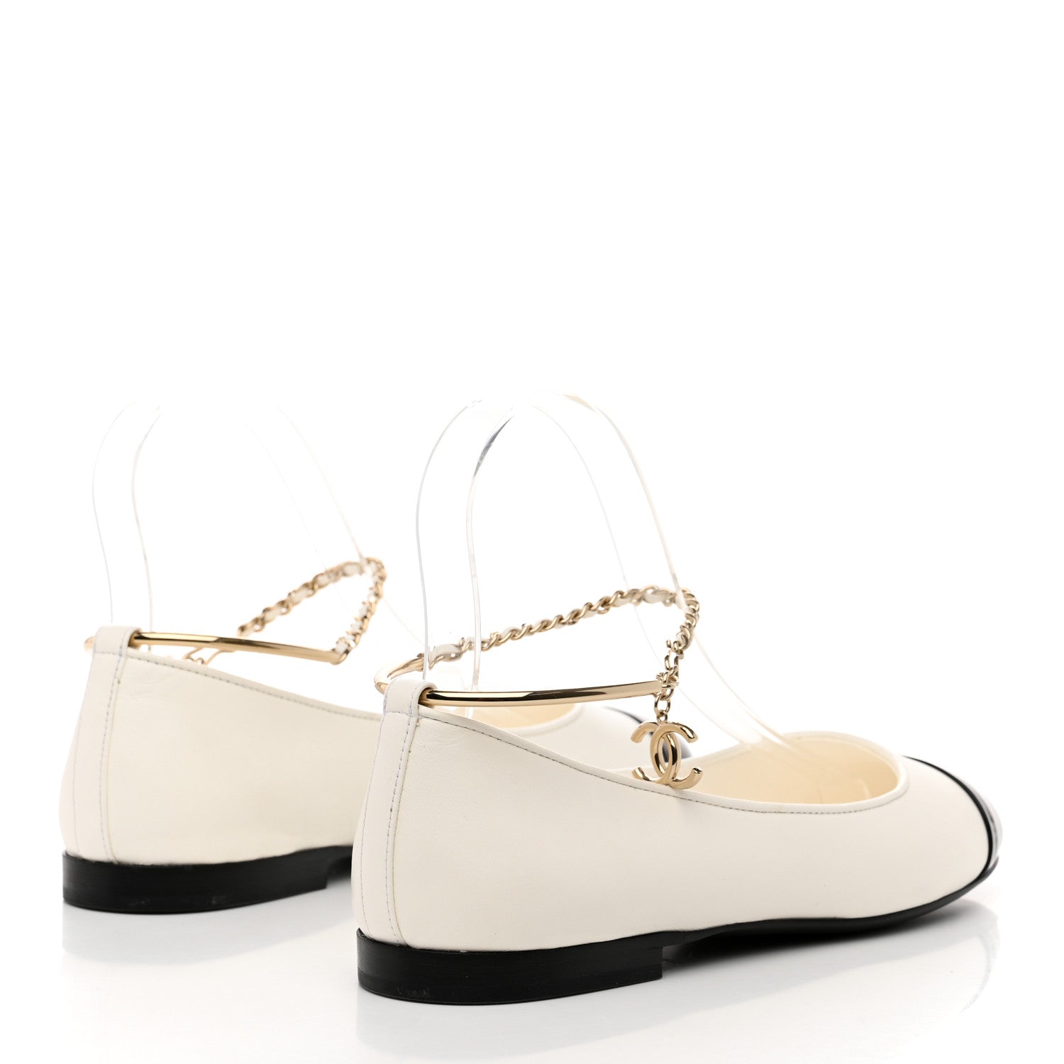 Chanel Lambskin Patent Calfskin Cap Toe Ankle Chain Ballerina Flats 37 White Black 4 of 9
