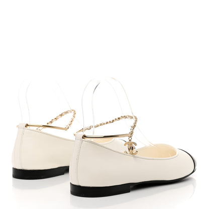 Chanel Lambskin Patent Calfskin Cap Toe Ankle Chain Ballerina Flats 37 White Black 4 of 9