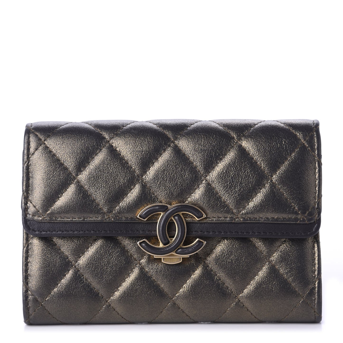 Metallic Calfskin Quilted Medium CC Chic Flap Wallet Dark Gold Grey