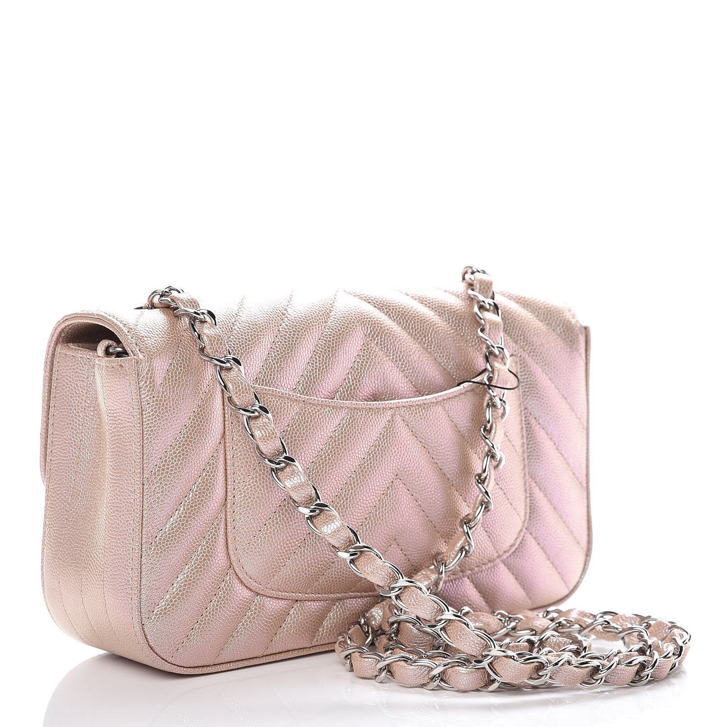 Iridescent Caviar Chevron Quilted Mini Rectangular Flap Light Gold