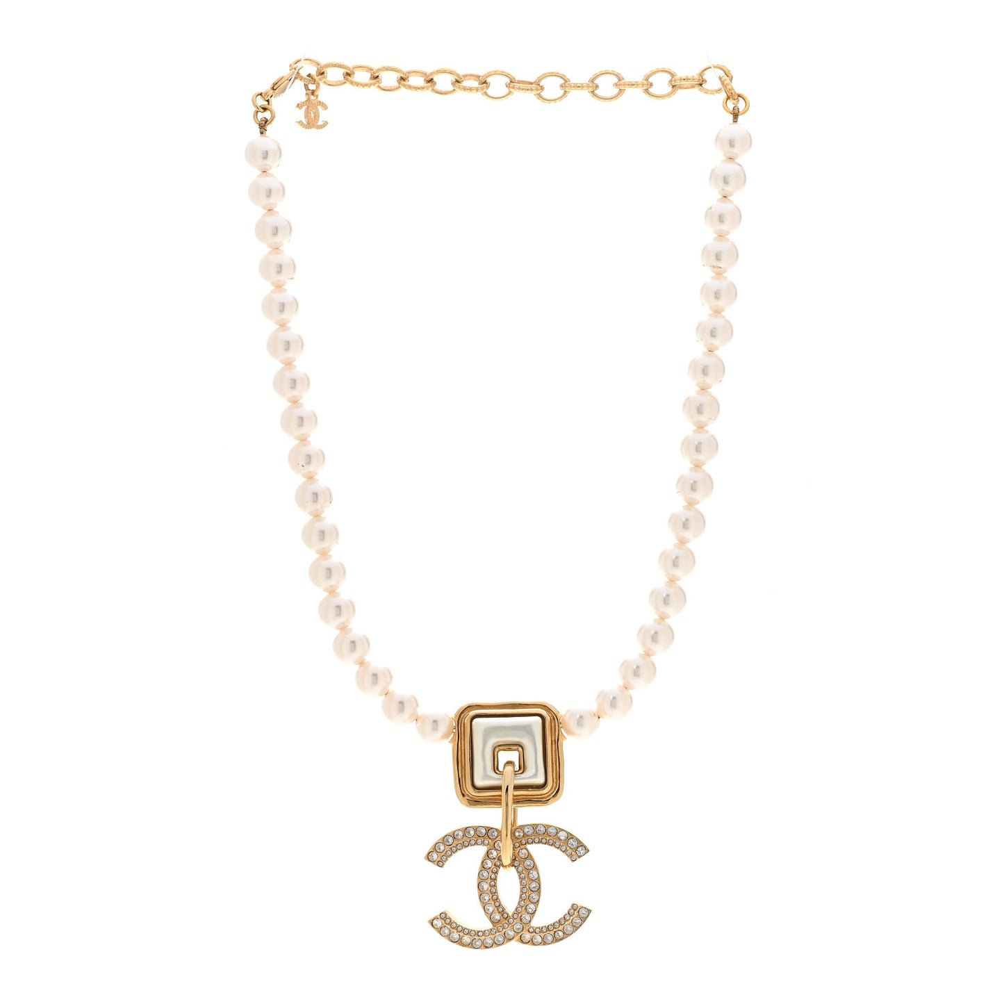 Pearl Crystal CC Square Choker Necklace Gold Pearly White