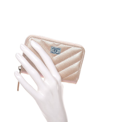 Chanel Metallic Caviar Chevron Quilted Zip Around Coin Purse Light Gold 2 of 8
