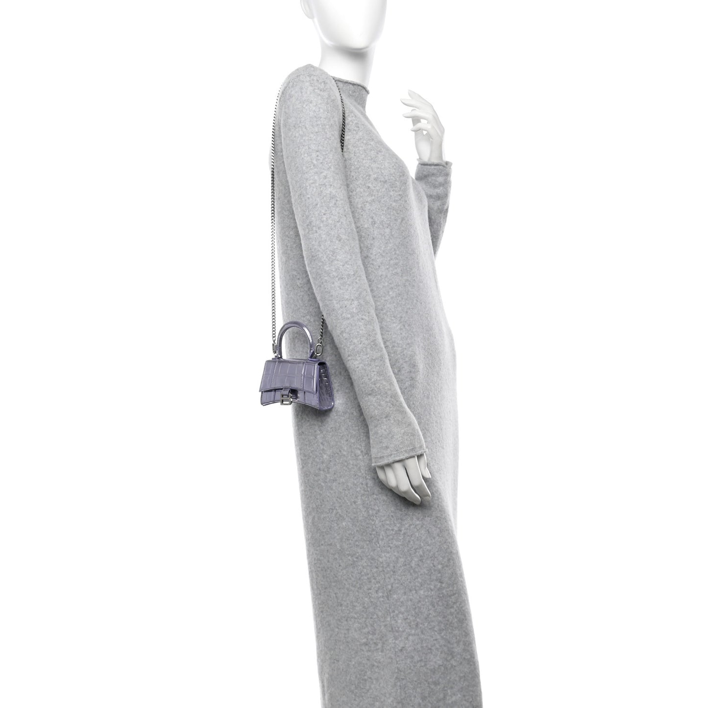 Metallic Calfskin Crocodile Embossed Hourglass Top Handle Bag Mini with Chain Lilac