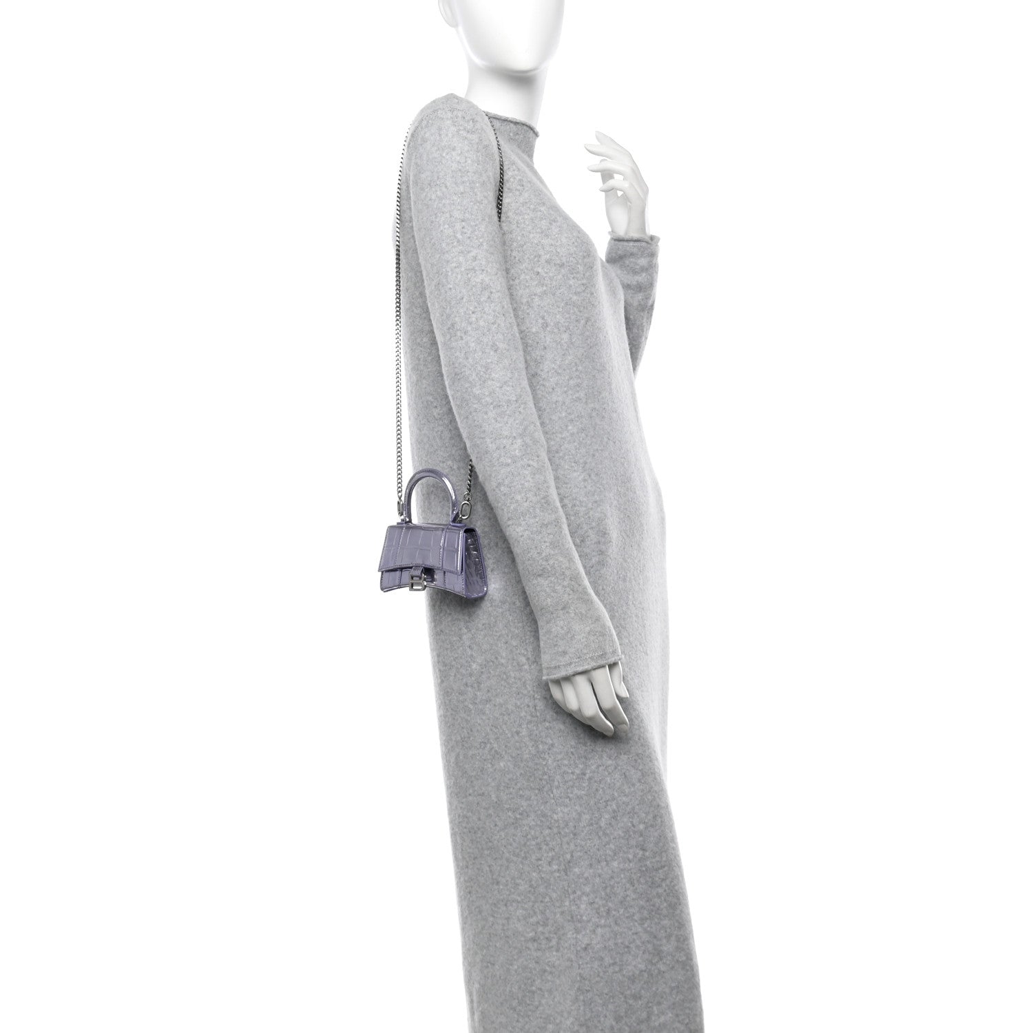 Balenciaga Metallic Calfskin Crocodile Embossed Hourglass Top Handle Bag Mini with Chain Lilac 2 of 11