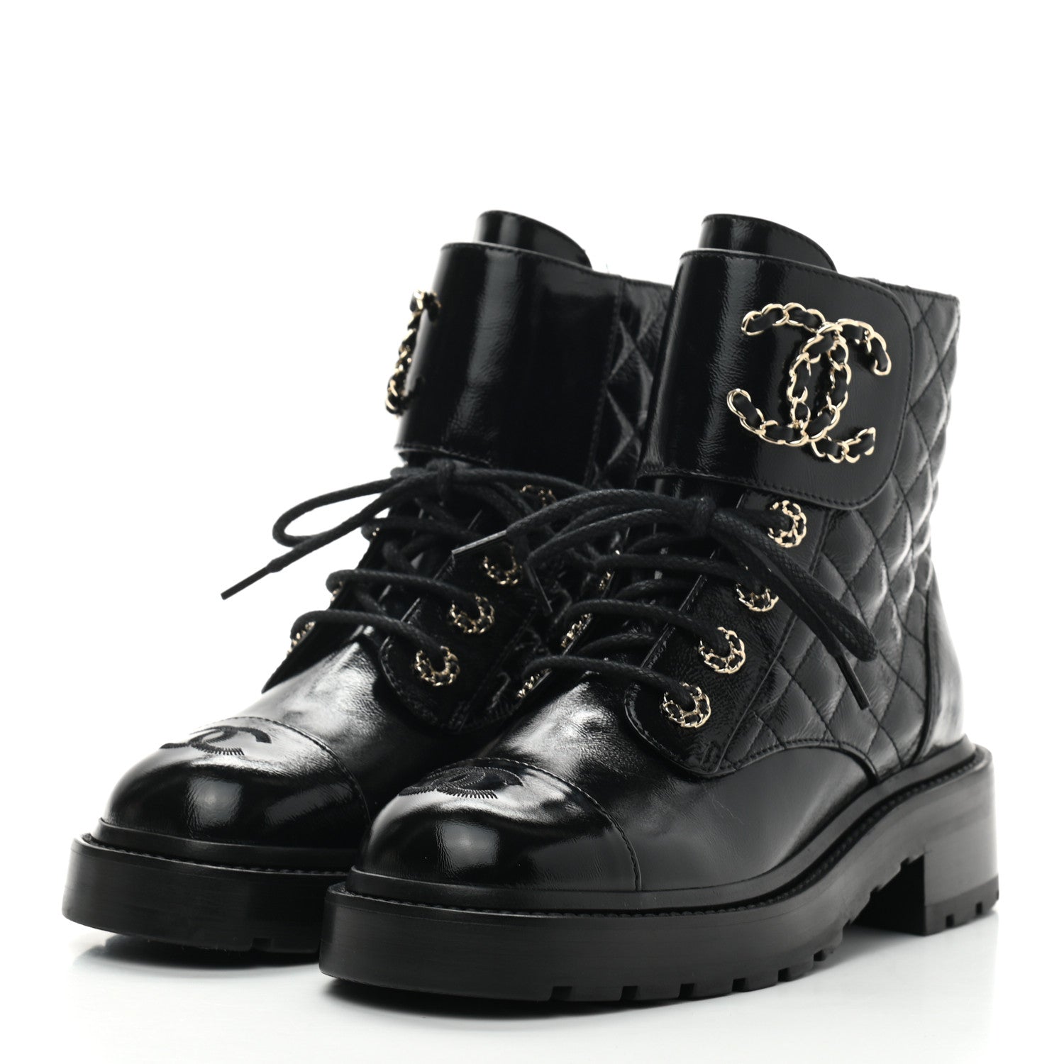 Chanel Shiny Calfskin Quilted Lace Up Combat Boots 36 Black 3 of 7