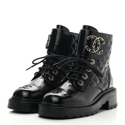 Chanel Shiny Calfskin Quilted Lace Up Combat Boots 36 Black 3 of 7