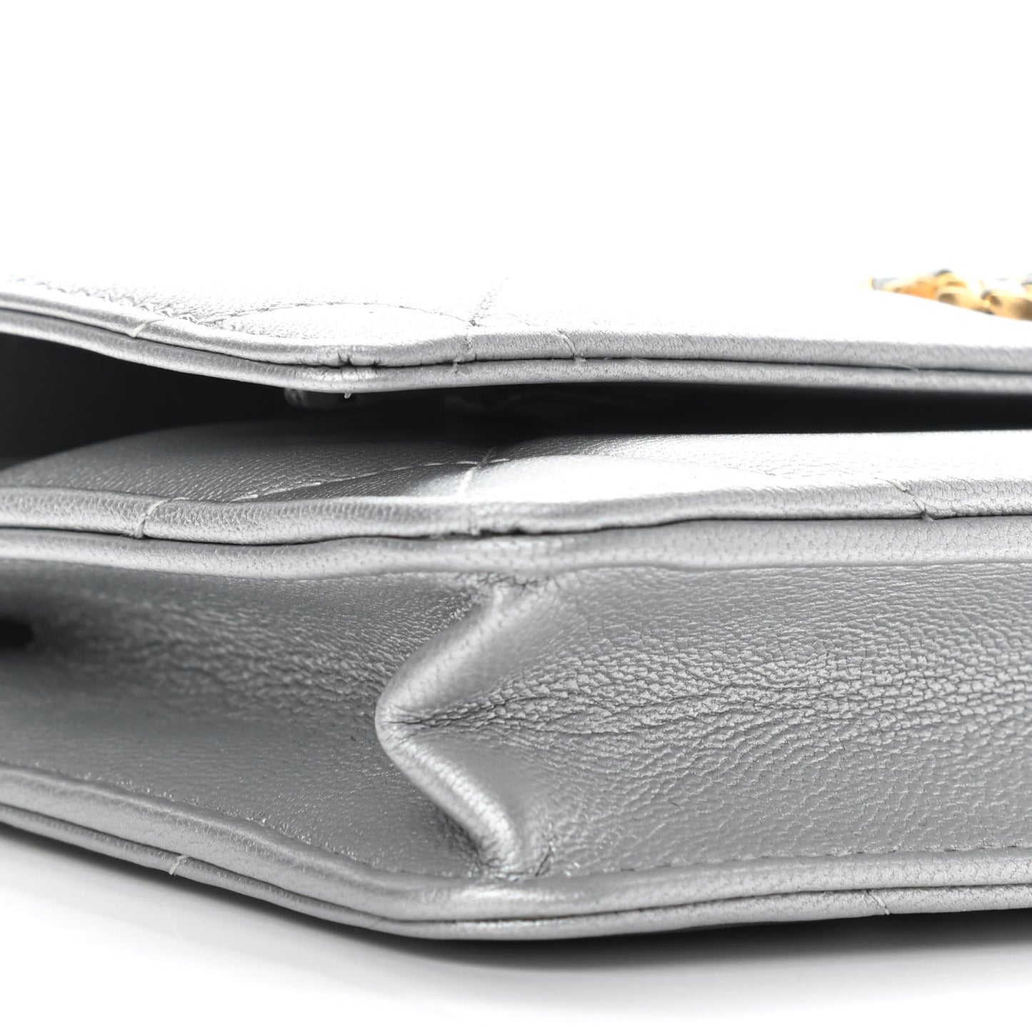 Metallic Lambskin Quilted Chanel 19 Wallet On Chain WOC Silver