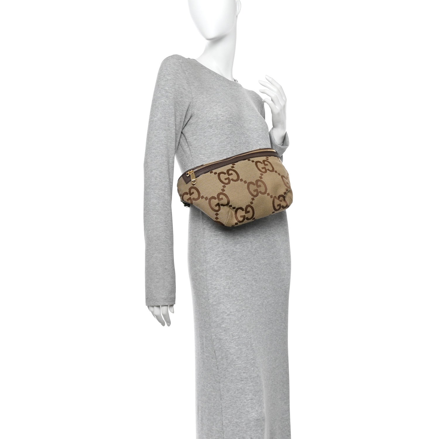 Gucci Monogram Jumbo GG Textured Dollar Calfskin Web Belt Bag Camel Ebony New Acero 2 of 10