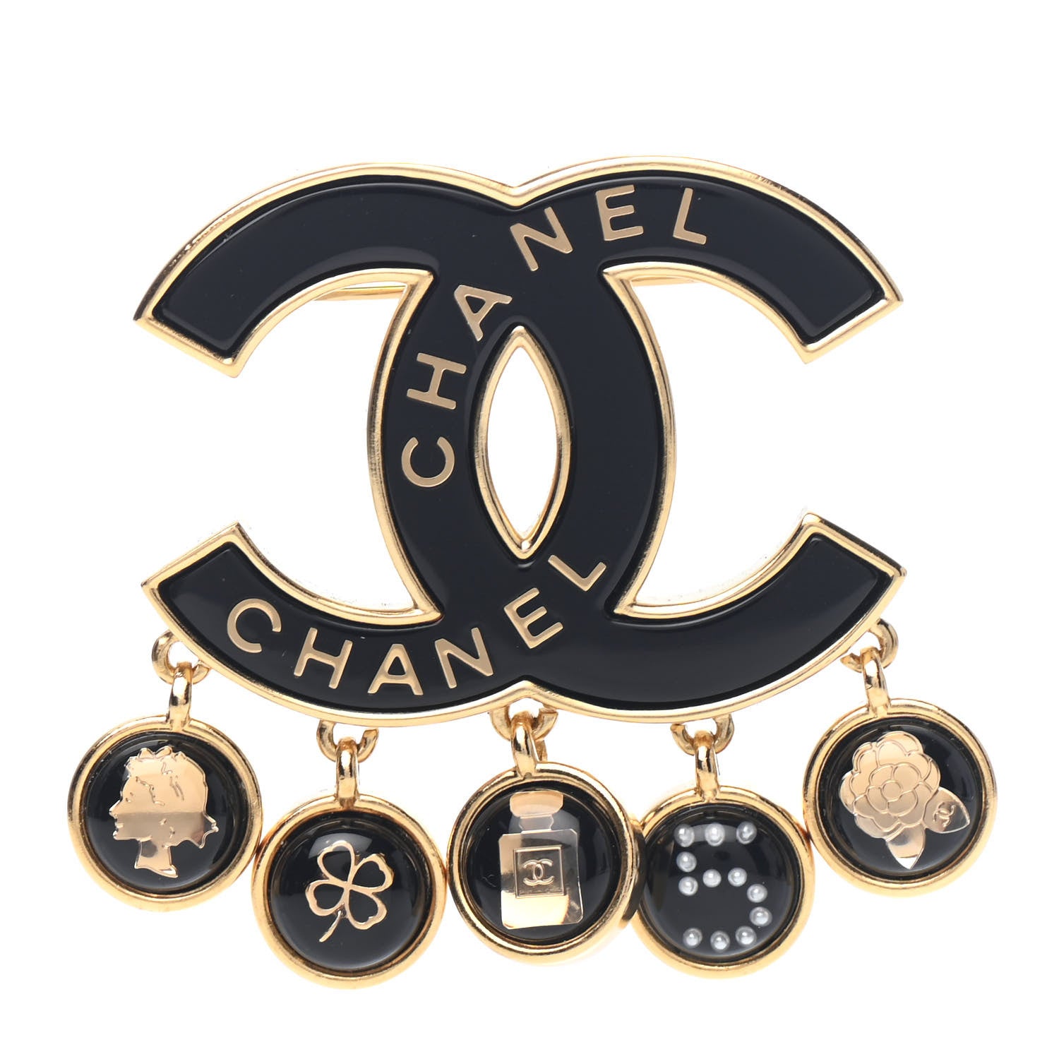 Chanel Enamel Pearl CC Charms Brooch Black Gold 1 of 3