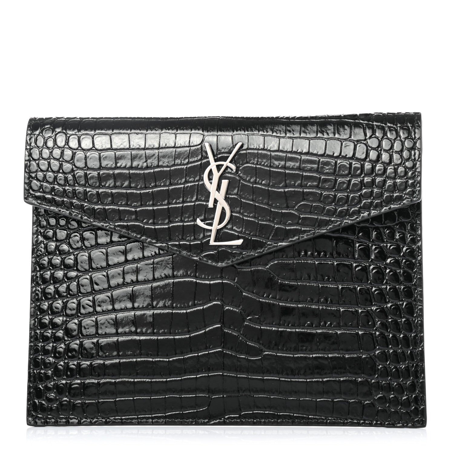 Saint Laurent Calfskin Crocodile Embossed Monogram Uptown Baby Pouch Black 1 of 4