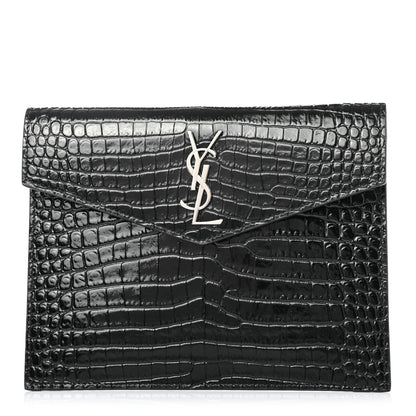 Saint Laurent Calfskin Crocodile Embossed Monogram Uptown Baby Pouch Black 1 of 4