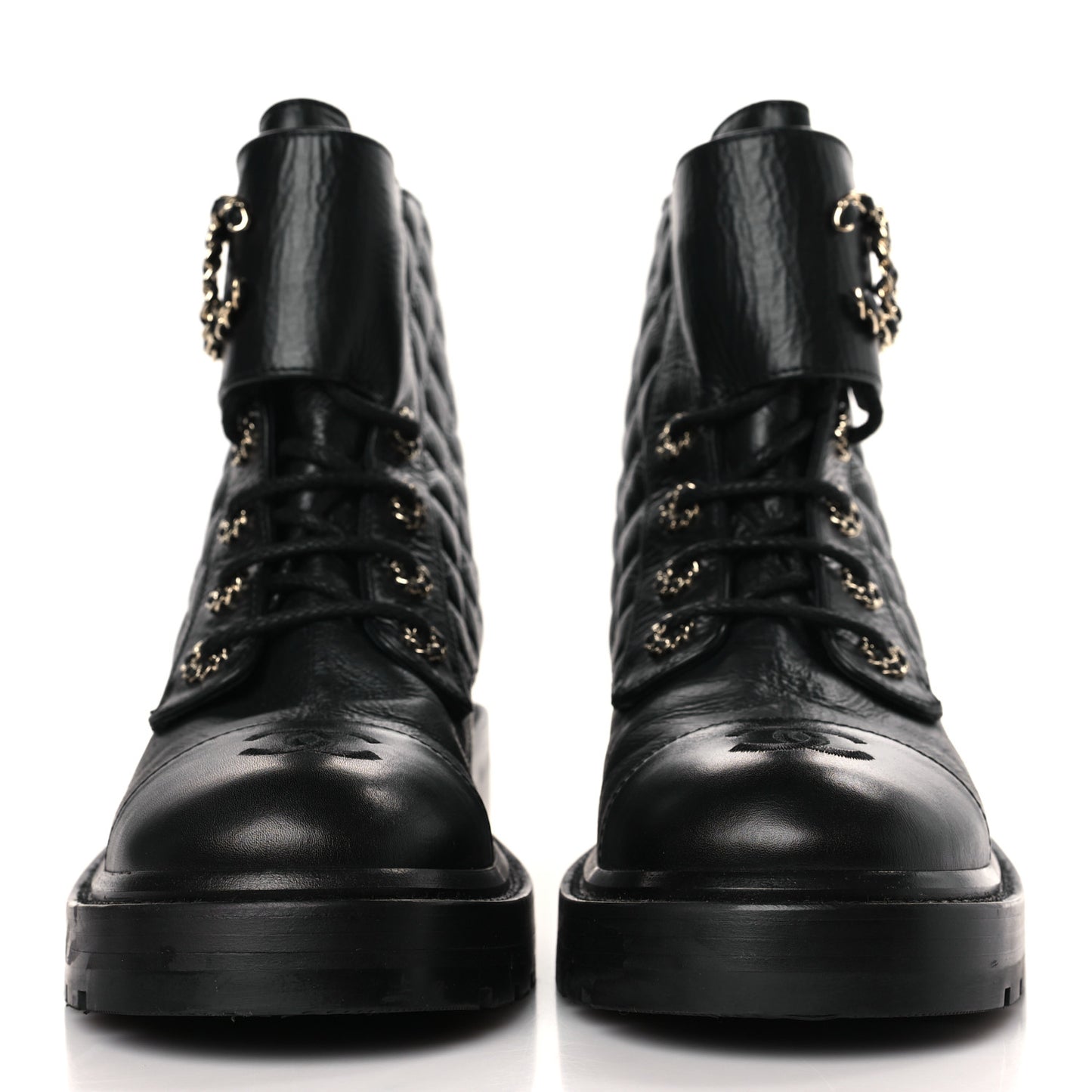 Shiny Lambskin Quilted Lace Up Combat Boots 40 Black