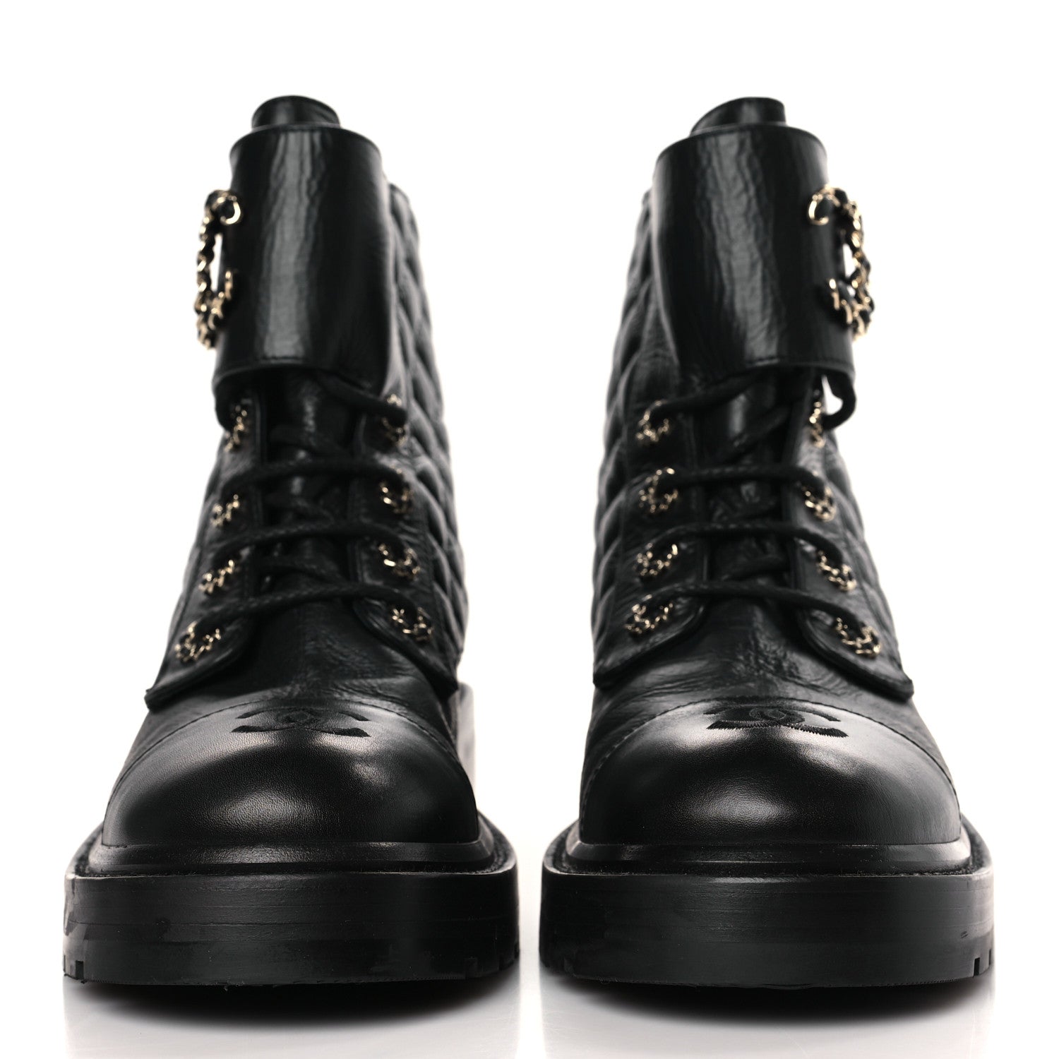 Chanel Shiny Lambskin Quilted Lace Up Combat Boots 40 Black 2 of 7