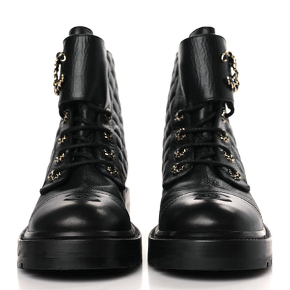 Chanel Shiny Lambskin Quilted Lace Up Combat Boots 40 Black 2 of 7