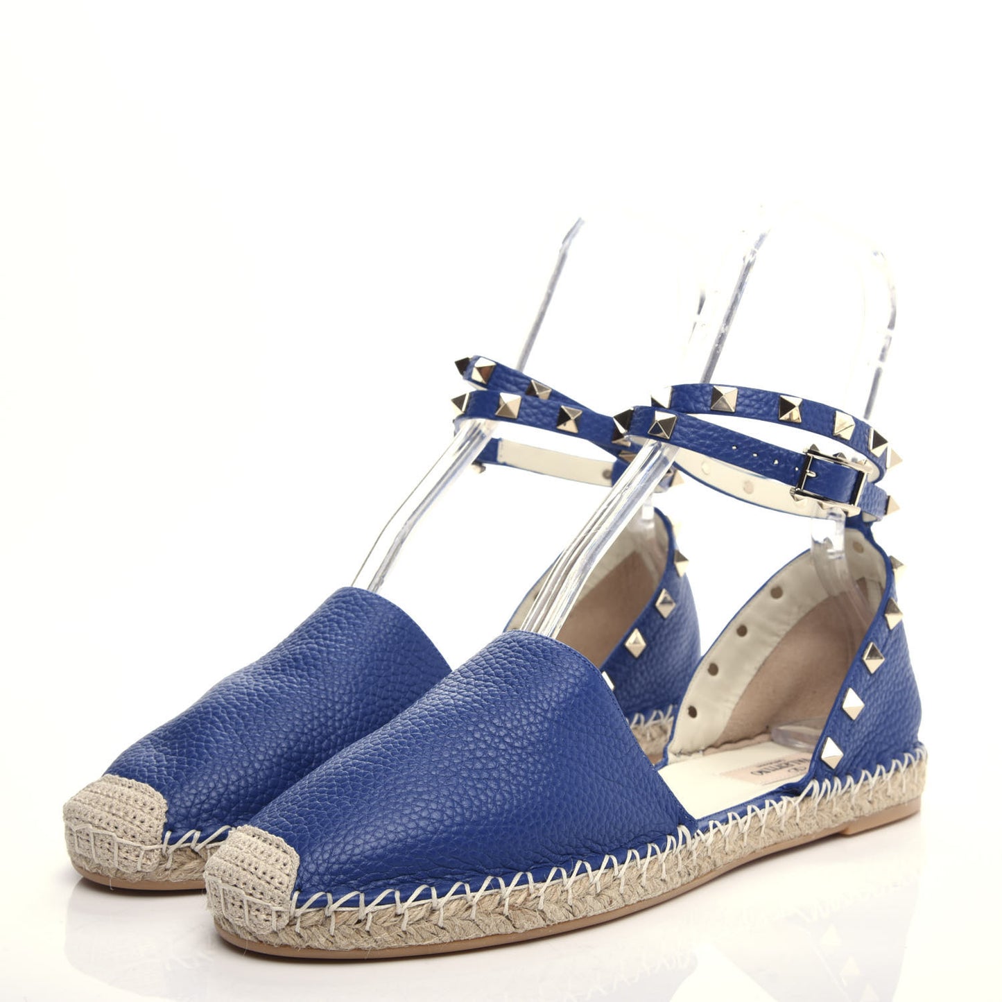 Grained Calfskin Rockstud Ankle Wrap Espadrille 20mm Flats 41 Blu Delft