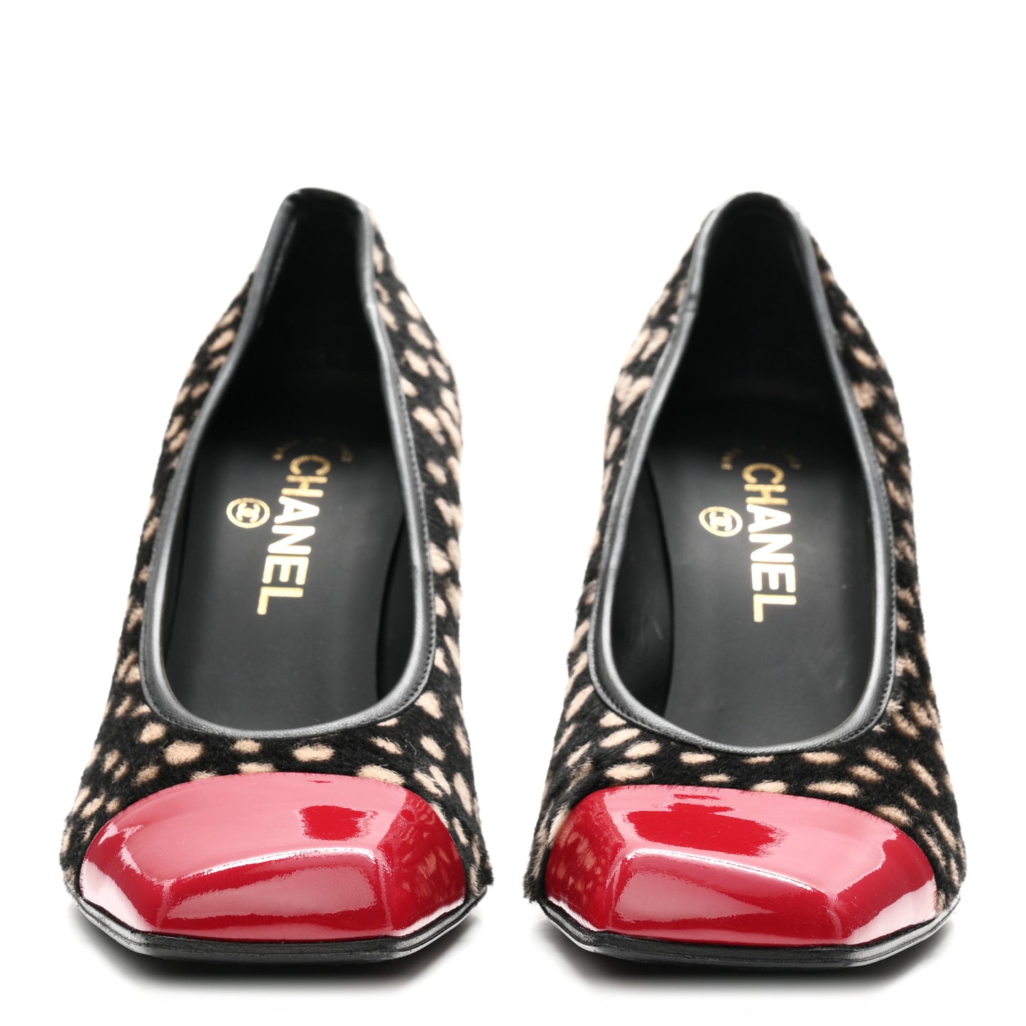 Pony Hair Lambskin Patent Cap Toe Pumps 38 Black White Dark Red