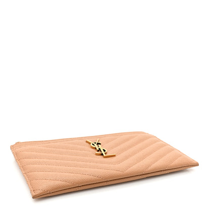 Saint Laurent Grain De Poudre Matelasse Chevron Monogram Fragments Zippered Card Case Dune 4 of 9