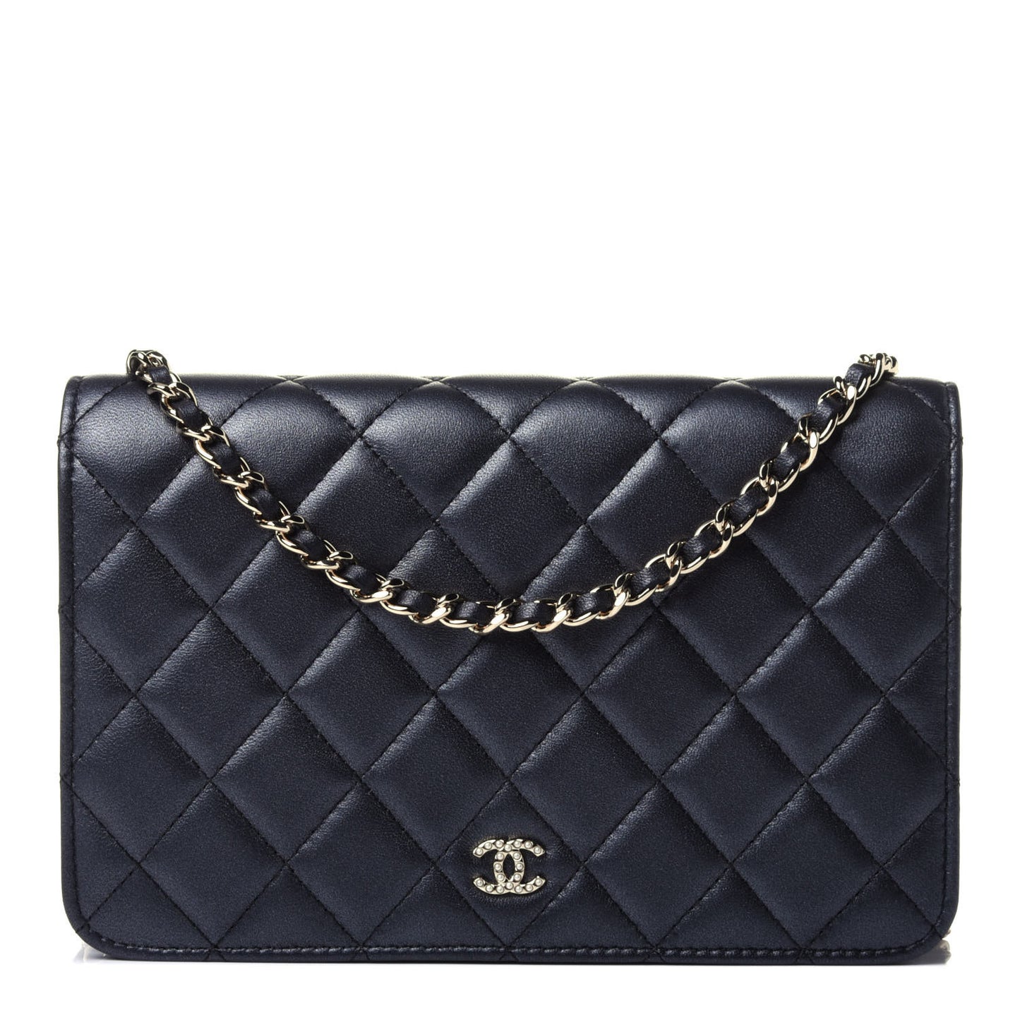 Iridescent Lambskin Quilted Pearl Wallet On Chain WOC Black