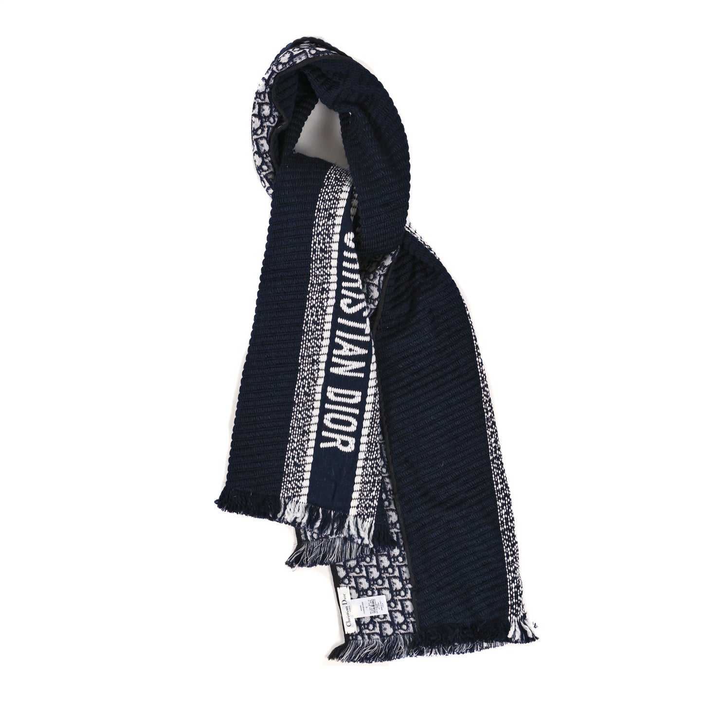 Wool Silk Oblique University Reversible Scarf Navy Blue