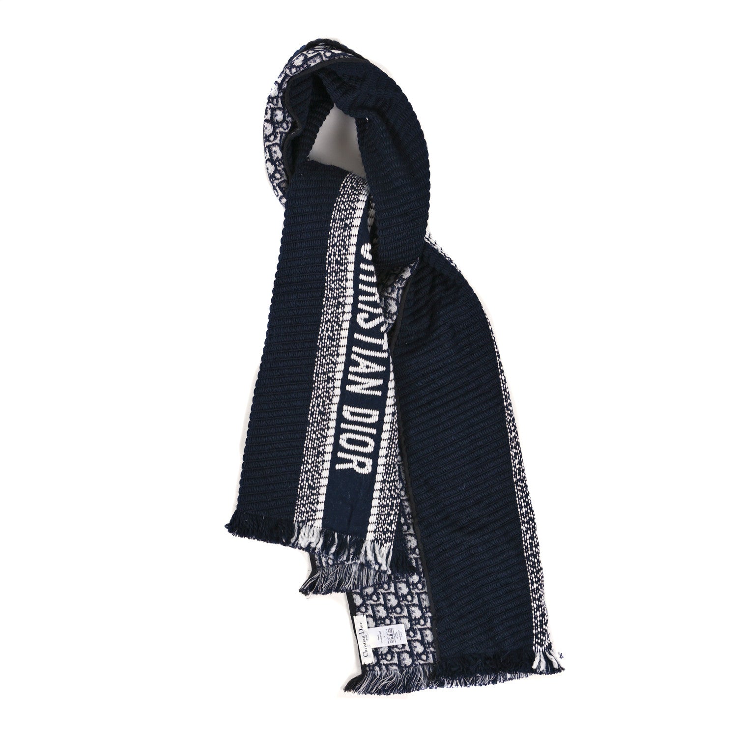 Christian Dior Wool Silk Oblique University Reversible Scarf Navy Blue 1 of 3