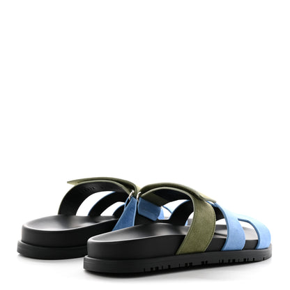 Hermes Suede Goatskin Womens Chypre Sandals 36 Bleu Cameo Vert 4 of 11