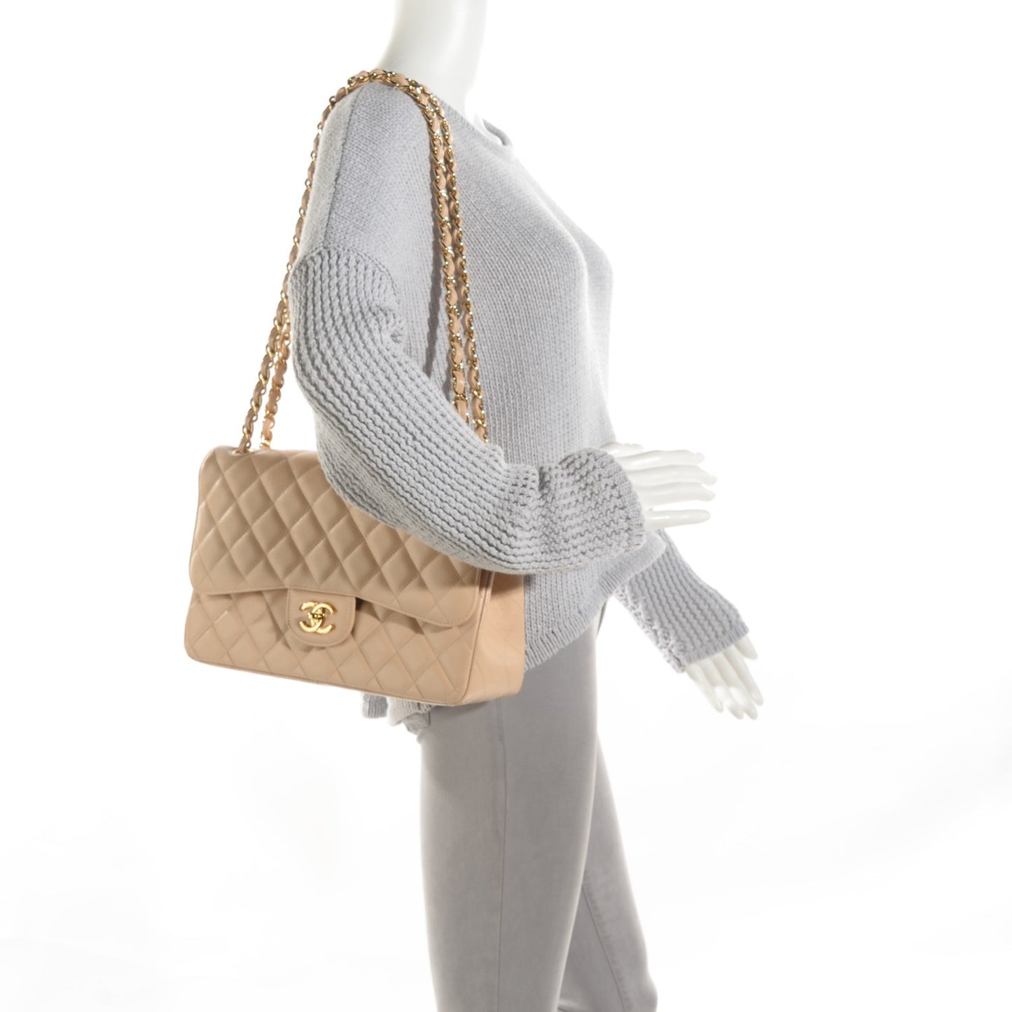 Caviar Jumbo Double Flap Light Beige