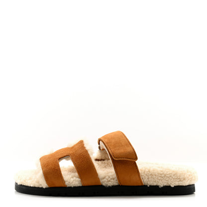 Hermes Suede Goatskin Woolskin Womens Chypre Sandals 37 Nude 1 of 7