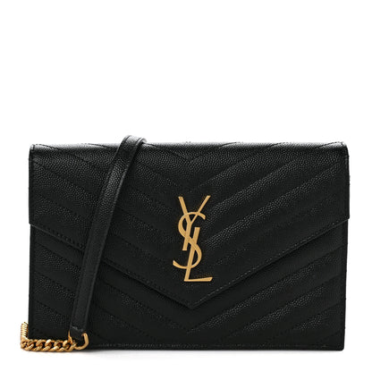 Saint Laurent Grain De Poudre Matelasse Chevron Monogram Envelope Chain Wallet Black 1 of 9