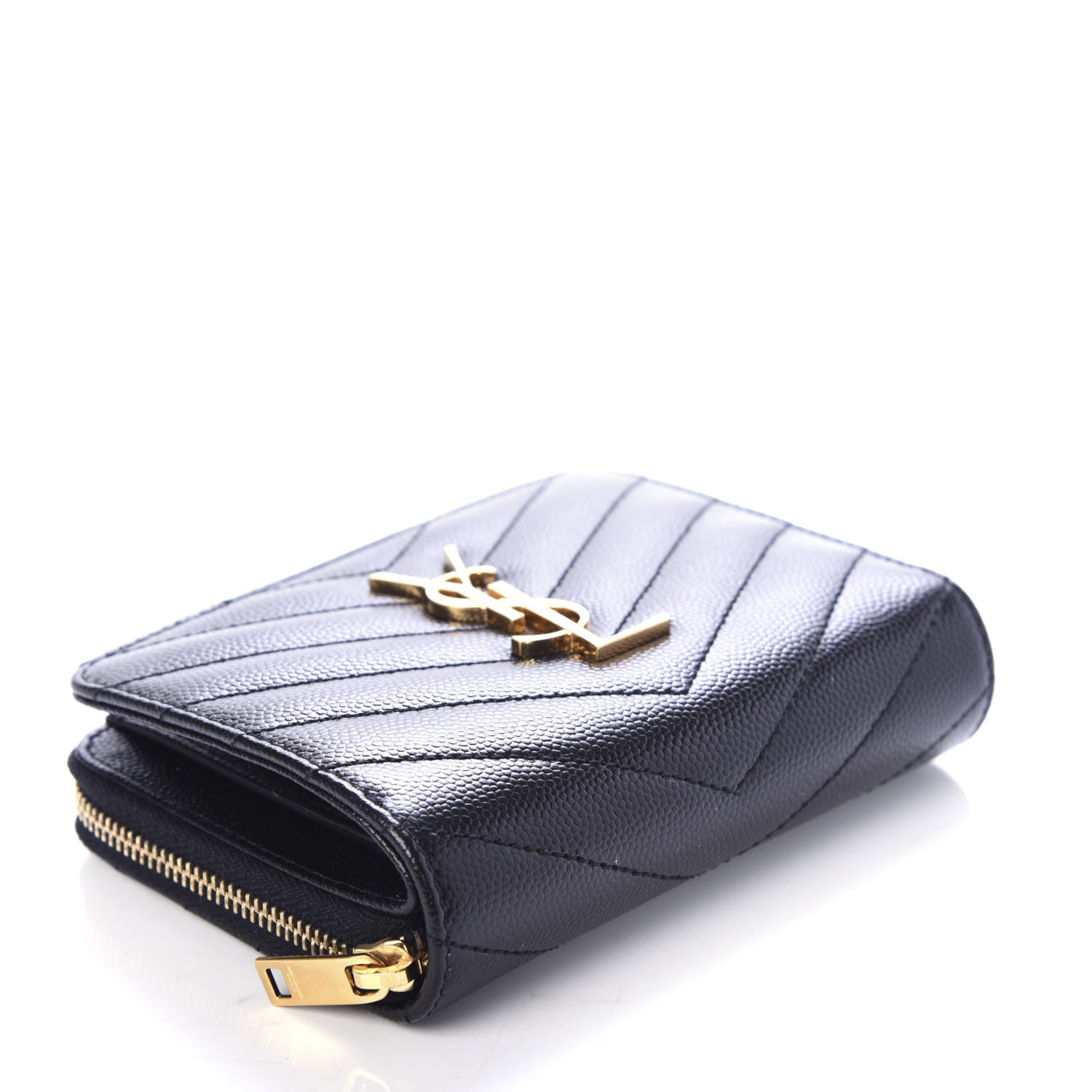 Saint Laurent Grain De Poudre Matelasse Chevron Monogram Compact Zip Around Wallet Black 4 of 8